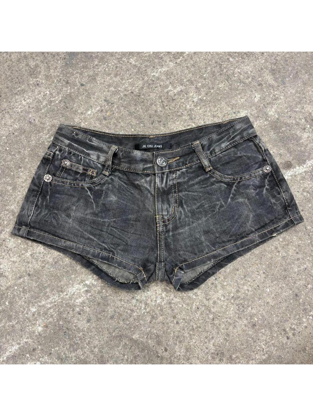 Vintage Y2K Low Rise Denim Micro Shorts Grey Black Wash